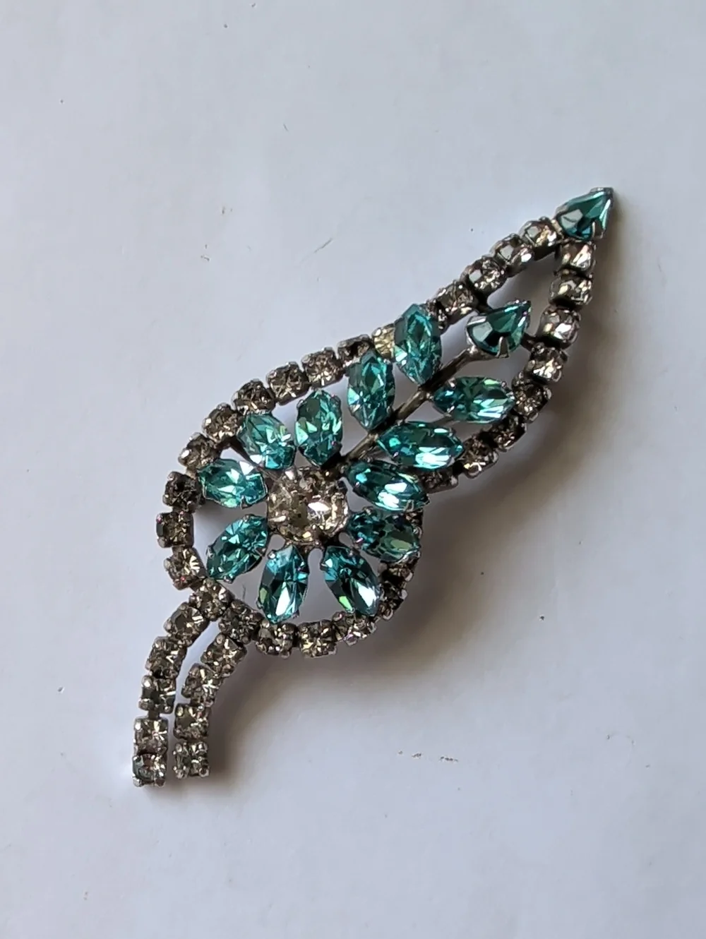 Vintage Blue and Clear Rhinestone Leaf Brooch - Vintage